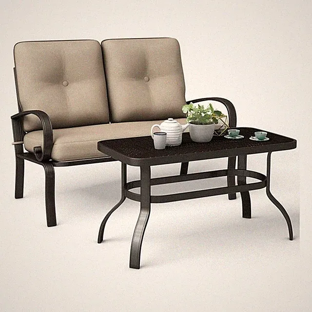 Pemberly Row 2 Pieces Metal Patio Outdoor Furniture Set with Cushion in Beige