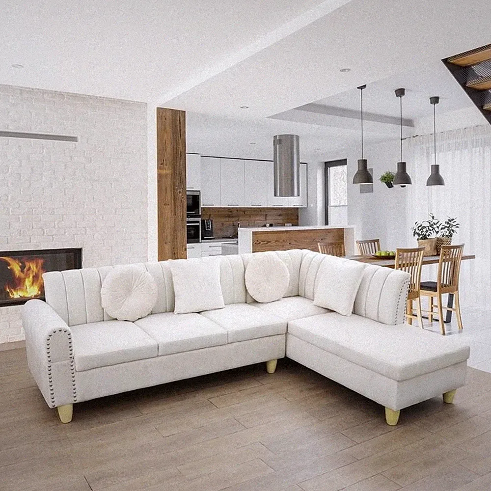 Pemberly Row 2Piece Sectional Microfiber White color L shape Elegant sofa pillow