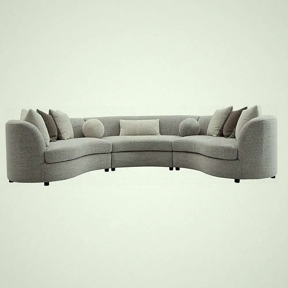 Pemberly Row 3 Piece Curved Sectional Sofa with 9 Pillows in Gray Boucle Fabric