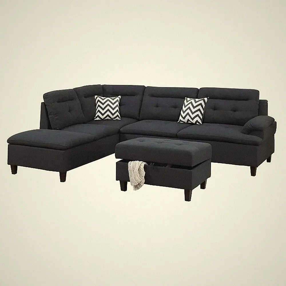Pemberly Row 3 Piece L Shape Sectional Sofa with Ottoman and 2 Pillows in Black