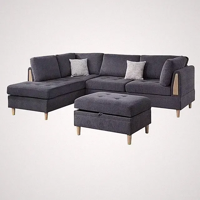 Pemberly Row 3 Piece L Shape Sectional Sofa with Ottoman and Storage in Charcoal