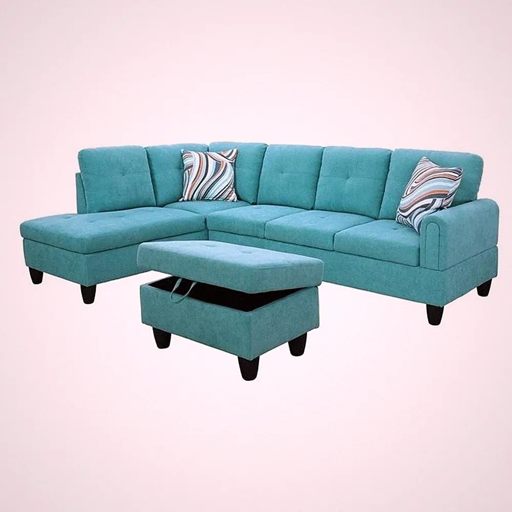 Pemberly Row 3PC Flannelette Sectional Sofa with Ottoman in Sea Green