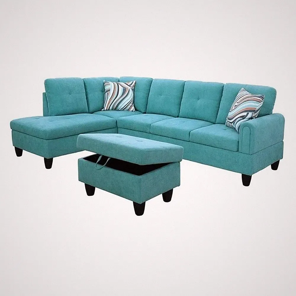 Pemberly Row 3PC Flannelette Sectional Sofa with Ottoman in Sea Green