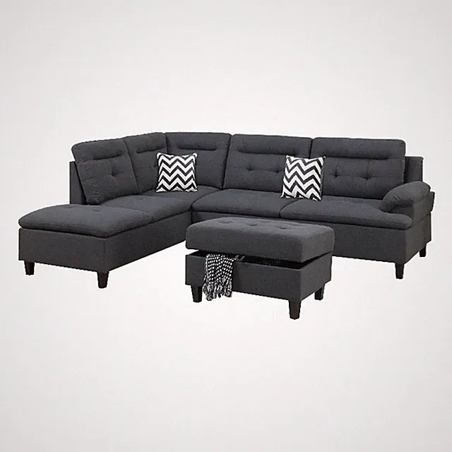 Pemberly Row 3Pc L Shape Sectional Sofa w/ Ottoman & 2 Pillows in Charcoal Gray