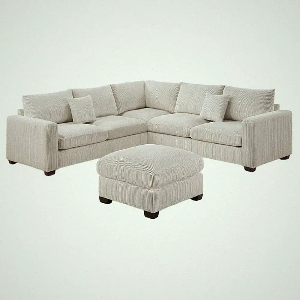 Pemberly Row 4 Piece L Sectional Sofa with Ottoman and 2 Accent Pillows in Ivory