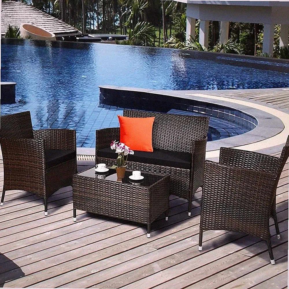 Pemberly Row 4PCS Patio Set Cushioned Sectional Sofa Chair Coffee Table in Black