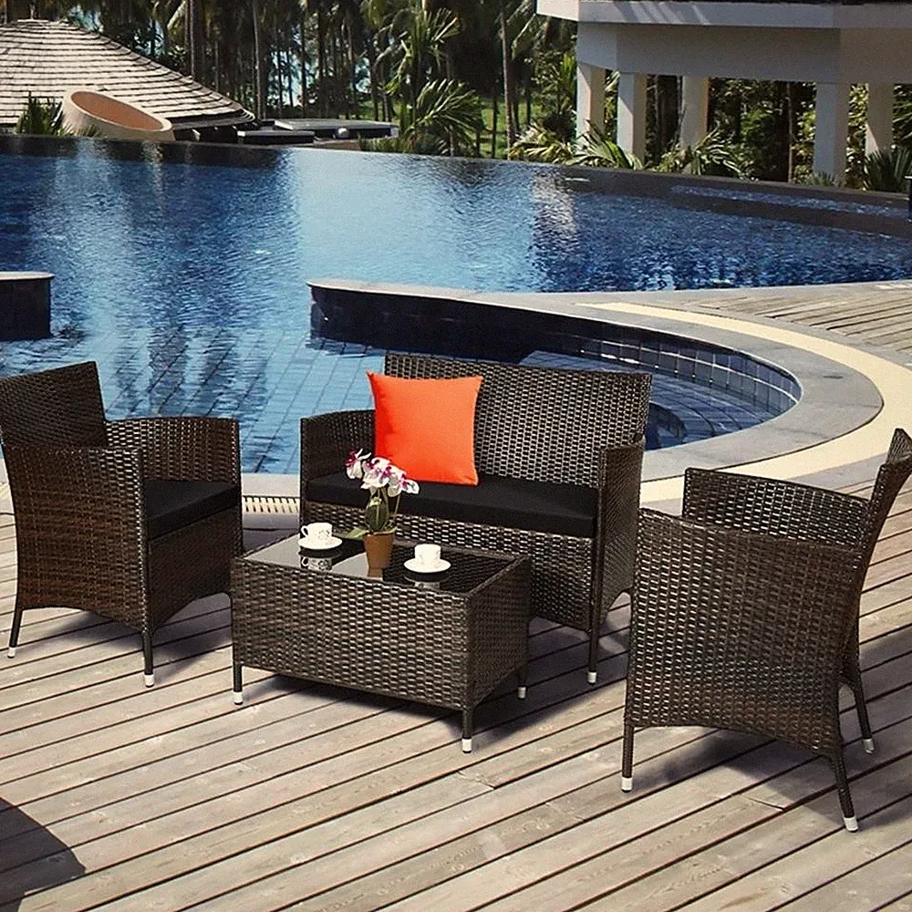 Pemberly Row 4PCS Patio Set Cushioned Sectional Sofa Chair Coffee Table in Black