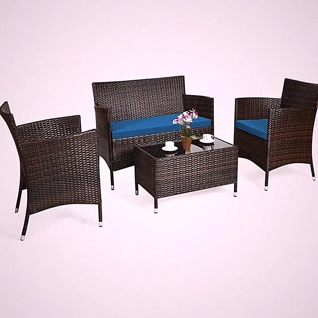 Pemberly Row 4PCS Patio Set Cushioned Sectional Sofa Chair Coffee Table in Blue