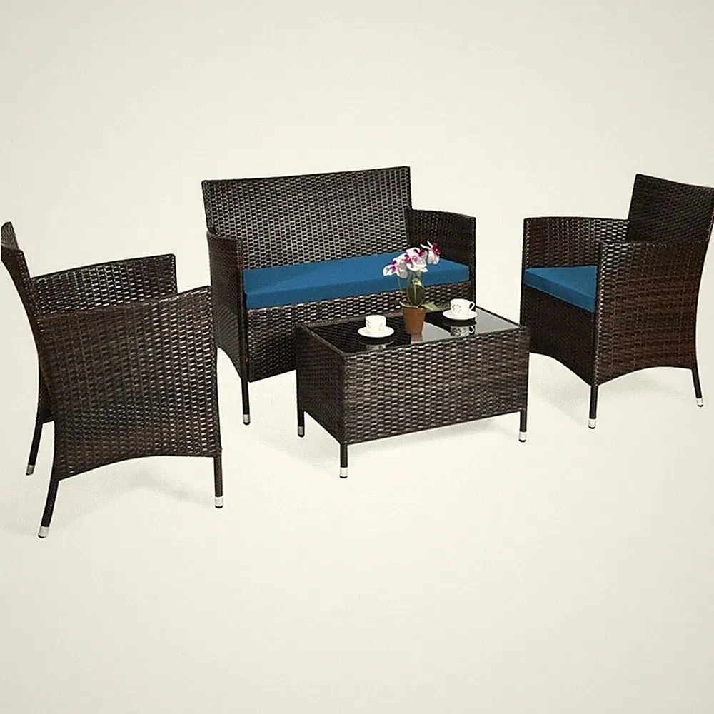 Pemberly Row 4PCS Patio Set Cushioned Sectional Sofa Chair Coffee Table in Blue