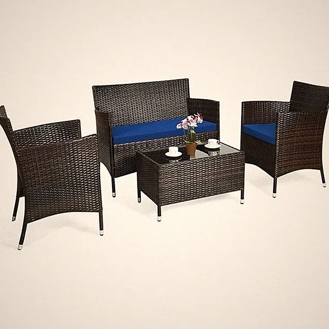 Pemberly Row 4PCS Patio Set Cushioned Sectional Sofa Chair Coffee Table in Navy