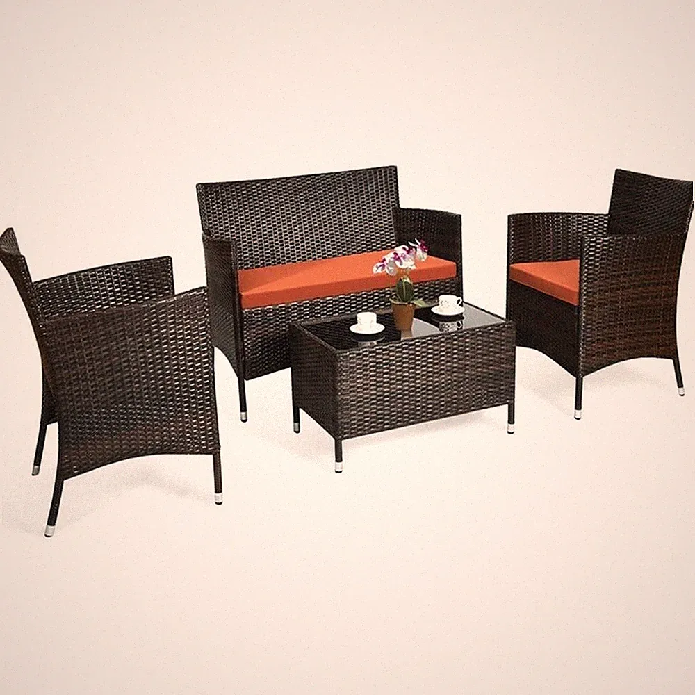 Pemberly Row 4PCS Patio Set Cushioned Sectional Sofa Chair Coffee Table - Orange