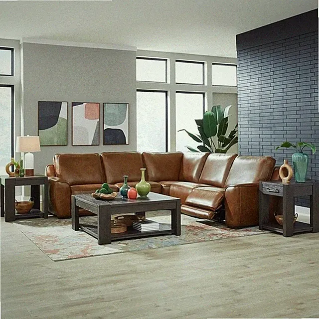 Pemberly Row 5 Piece Power Reclining Sectional Sofa in Brown Leather