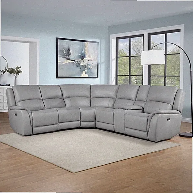 Pemberly Row 6-Piece Dual-Power Leather Reclining Sectional in Stone
