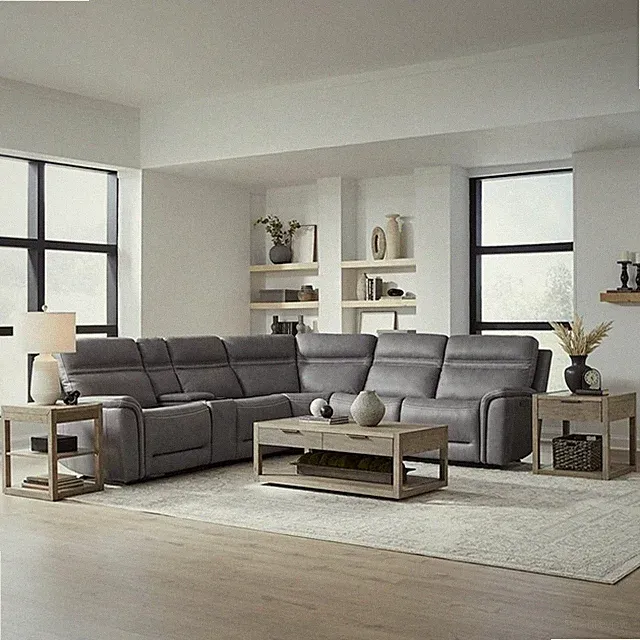 Pemberly Row 6 Piece Power Reclining Sectional Sofa in Blue Gray Leather