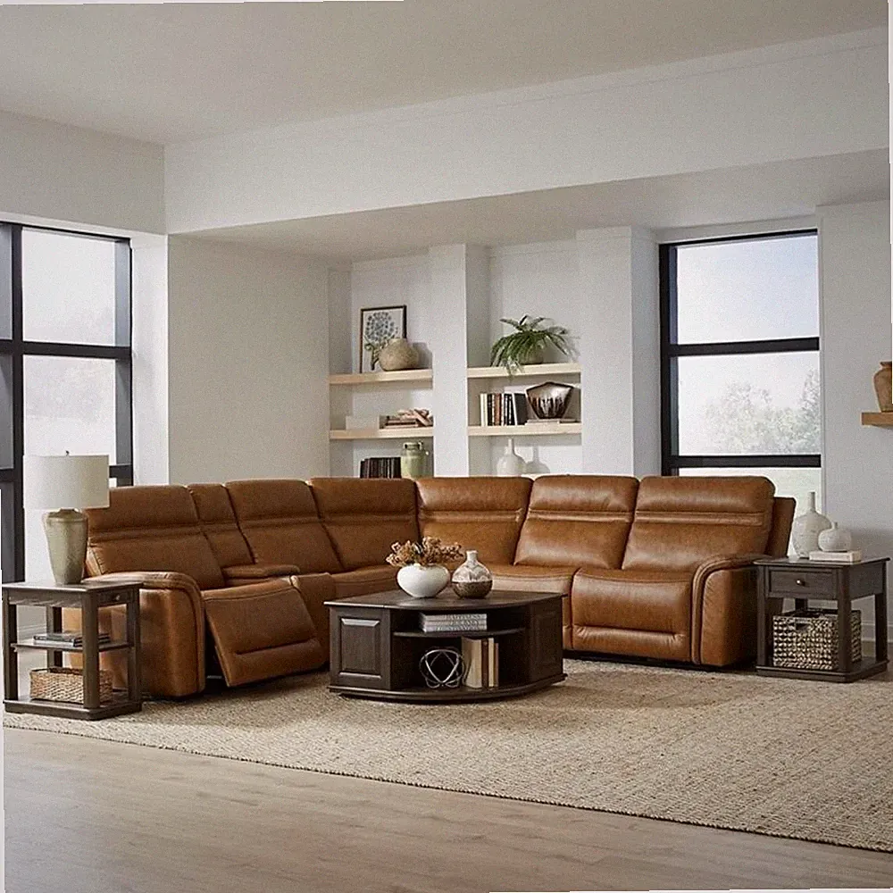 Pemberly Row 6 Piece Power Reclining Sectional Sofa in Brown Leather