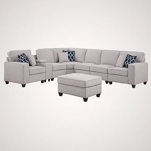 Pemberly Row 8-Pcs Fabric Upholstered Sectional w/ Console & Ottoman-Light Gray