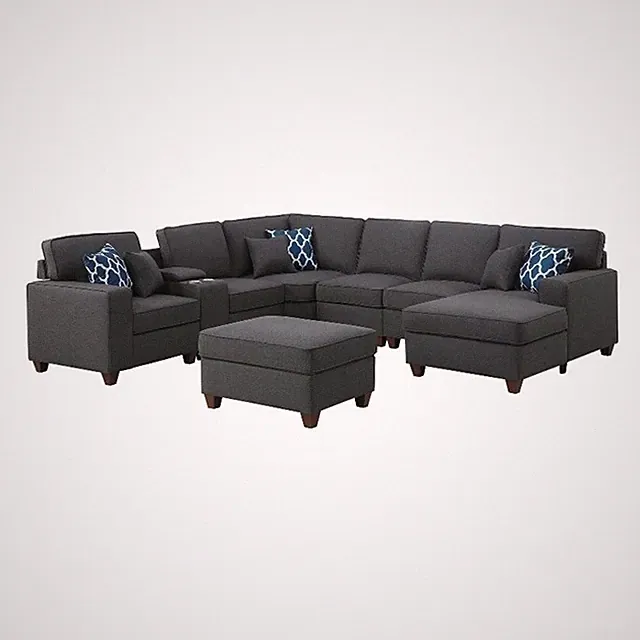 Pemberly Row 8-Piece Fabric Upholstered Sectional w/ Console & Chaise-Dark Gray