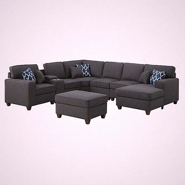 Pemberly Row 8-Piece Fabric Upholstered Sectional w/ Console & Chaise-Dark Gray