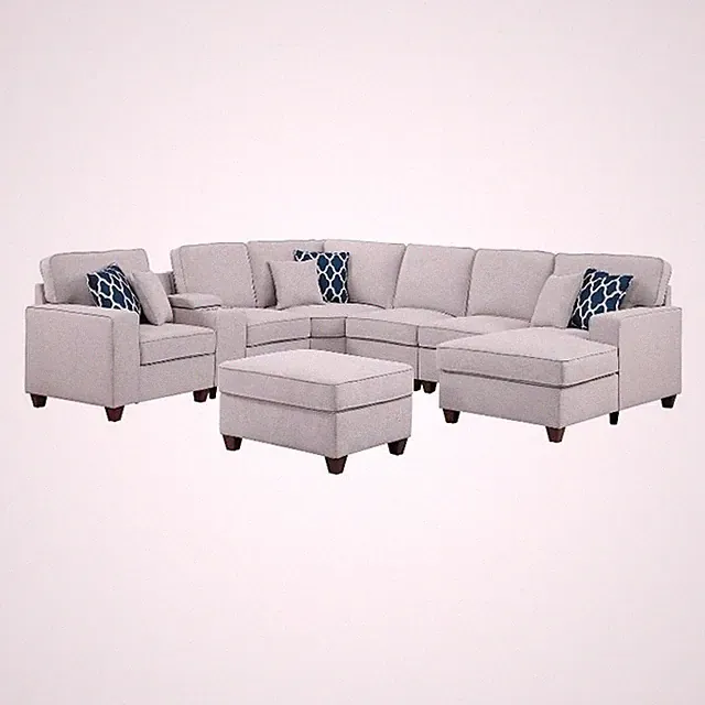 Pemberly Row 8-Piece Fabric Upholstered Sectional w/ Console & Chaise-Light Gray