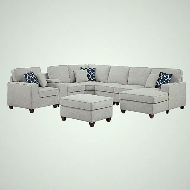 Pemberly Row 8-Piece Fabric Upholstered Sectional w/ Console & Chaise-Light Gray