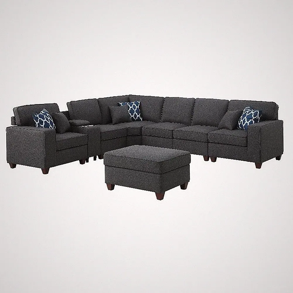 Pemberly Row 8-Piece Fabric Upholstered Sectional w/ Console & Ottoman-Dark Gray