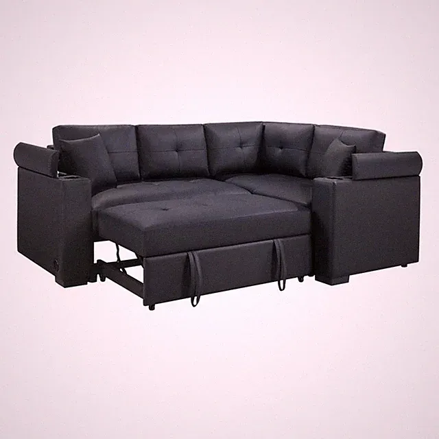 Pemberly Row 84.5" Black PVC Storage Sleeper Sectional with USB and Cupholders