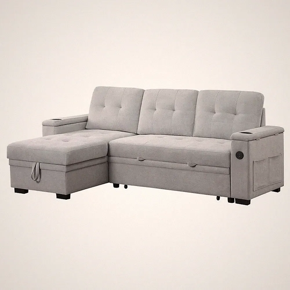 Pemberly Row 84" Gray Woven Fabric Reversible Sleeper Sectional with USB
