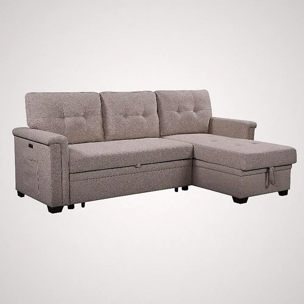 Pemberly Row 84 Inch Reversible Sleeper Sectional with Storage Chaise in Gray