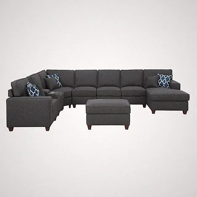 Pemberly Row 9-Piece Fabric Upholstered Sectional w/ Chaise & Console-Dark Gray