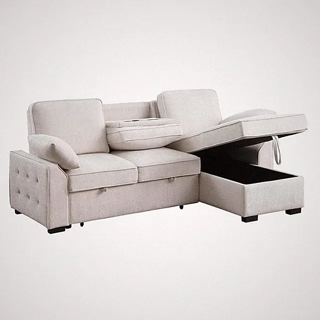 Pemberly Row 91" Beige Chenille Reversible Sleeper Sectional with USB & Storage
