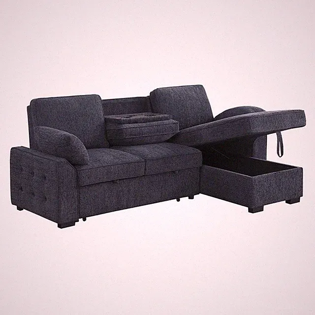 Pemberly Row 91" Charcoal Chenille Reversible Sleeper Sectional with USB Ports