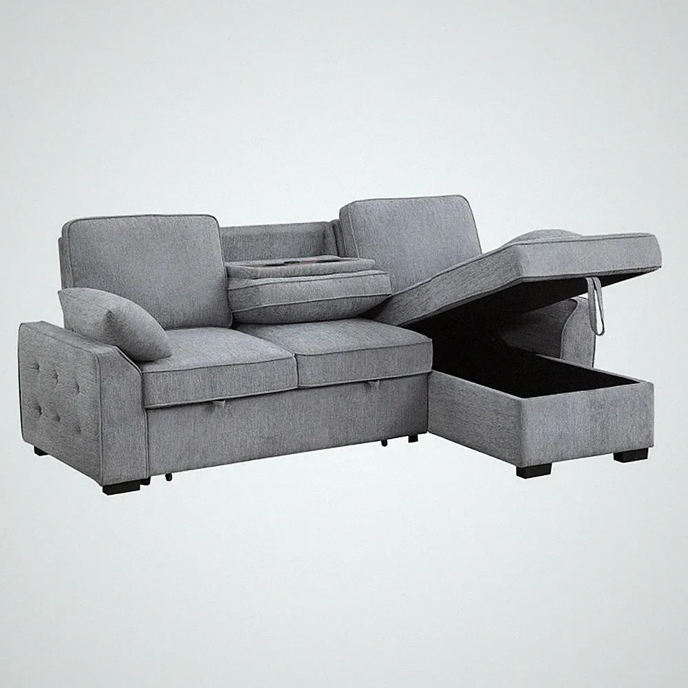 Pemberly Row 91" Light Gray Chenille Reversible Sleeper Sectional with Storage