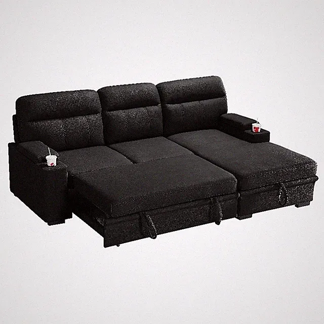 Pemberly Row 93" Black Fabric Sleeper Sectional with Storage Arms and Cupholders