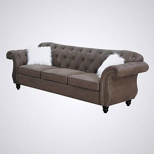 Pemberly Row 93" Sofa with Leather Cushions and Rolled Armrests in Brown