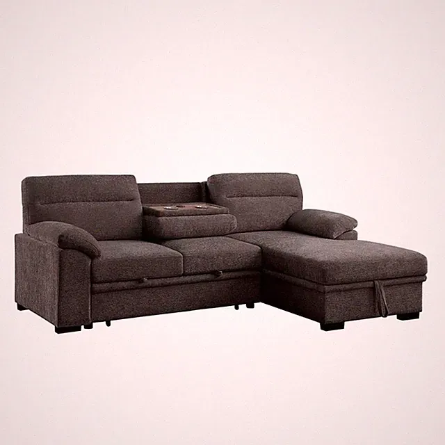 Pemberly Row 94" Brown Chenille Chaise Sleeper Sectional with Cupholders & USB