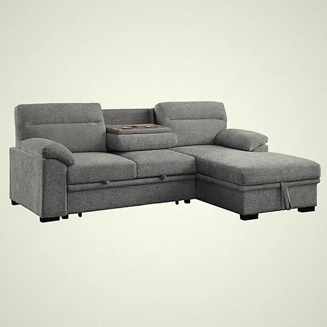 Pemberly Row 94" Light Gray Chenille Sleeper Sectional with Chaise and USB