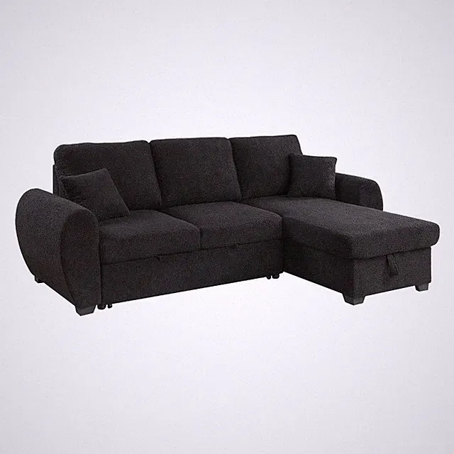Pemberly Row 95" Black Teddy Fleece Reversible Sleeper Sectional with Storage