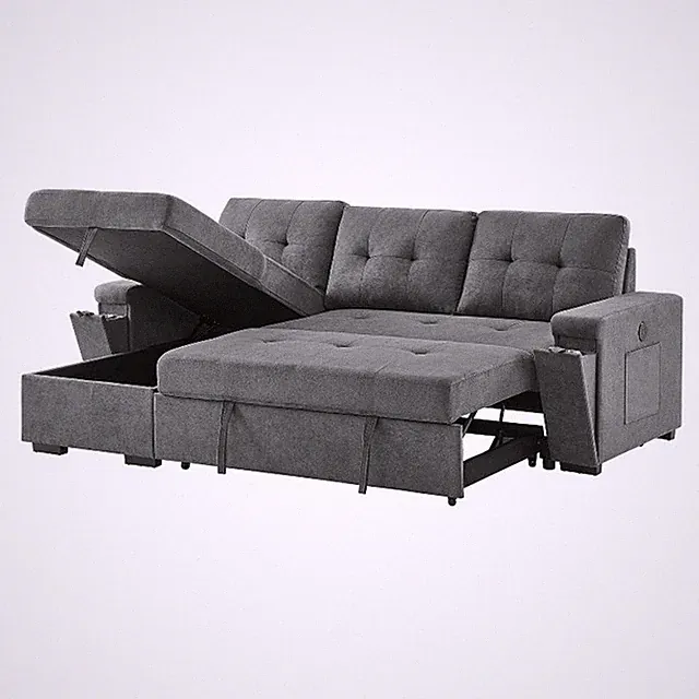 Pemberly Row 95" Gray Fabric Reversible Sleeper Sectional with Storage and USB