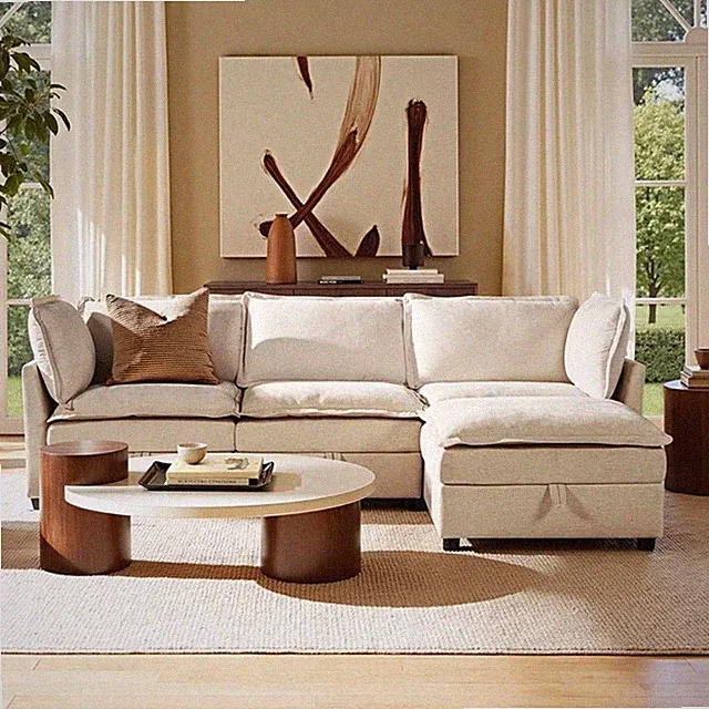 Pemberly Row 95" Reversible Chaise Modular Sectional with Storage in Beige