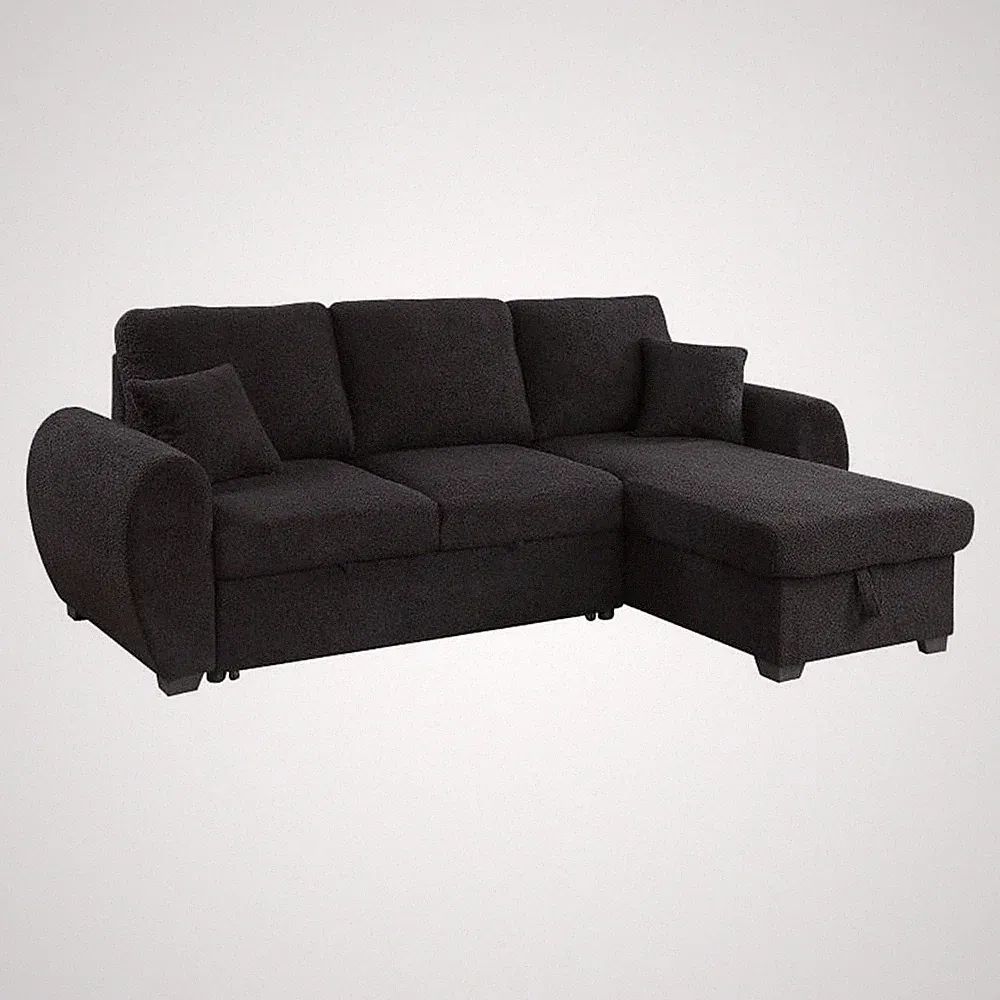Pemberly Row 95" Sleeper Sectional w/ Reversible Storage Chaise in Black Fleece