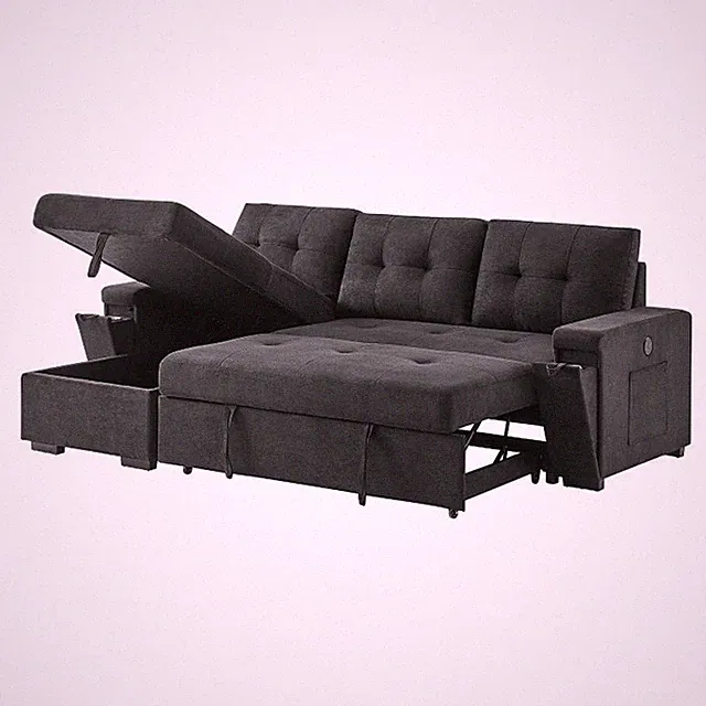 Pemberly Row 95"W Black Fabric Reversible Sleeper Sectional with Storage Chaise