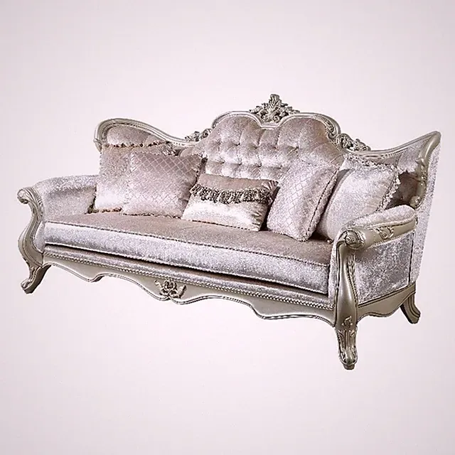 Pemberly Row 97" Victorian Sofa with 5 Pillows in Beige Fleur De Lis Velveteen