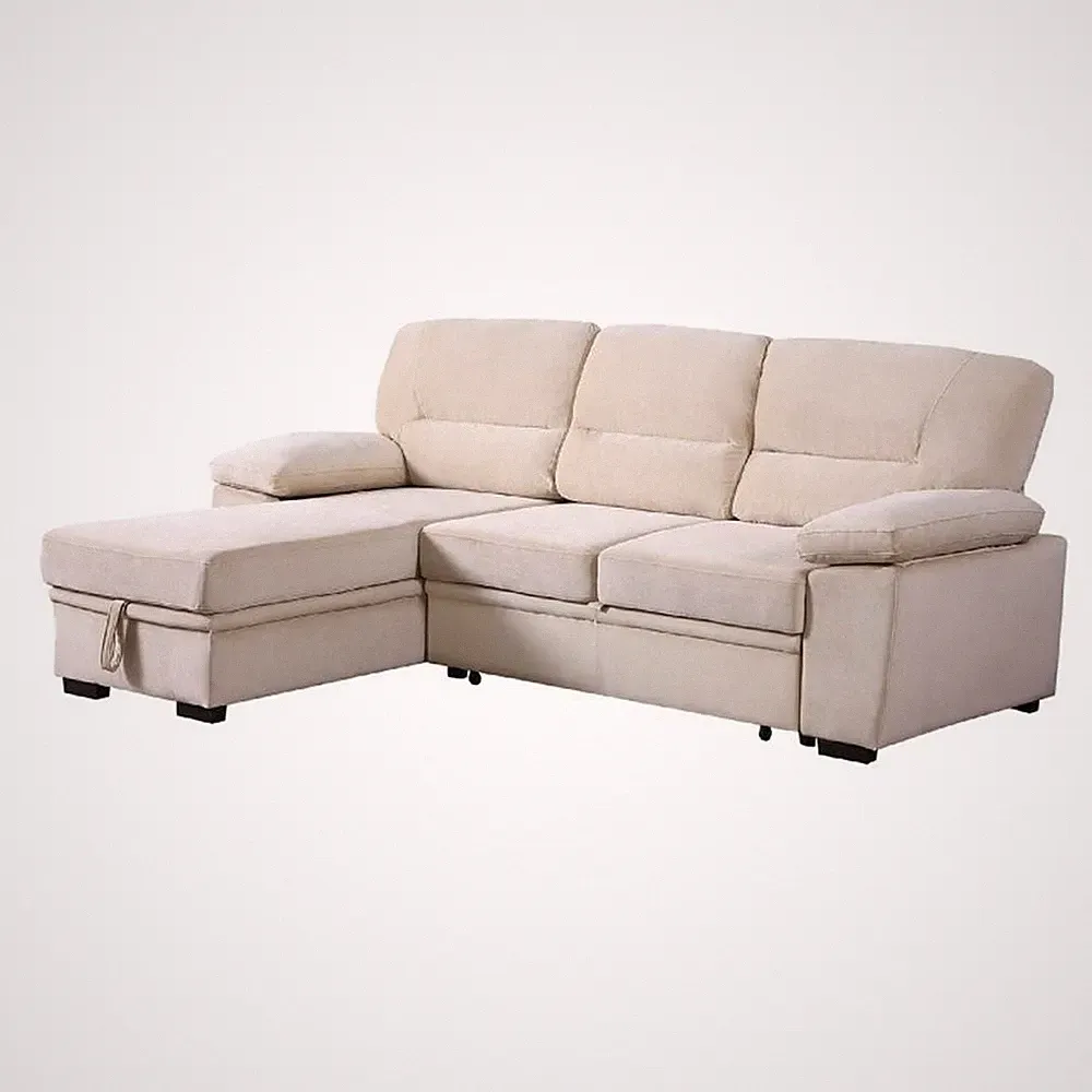 Pemberly Row 98 Inch 2 Piece Sectional Sofa with Pull Out Bed in Beige Velvet