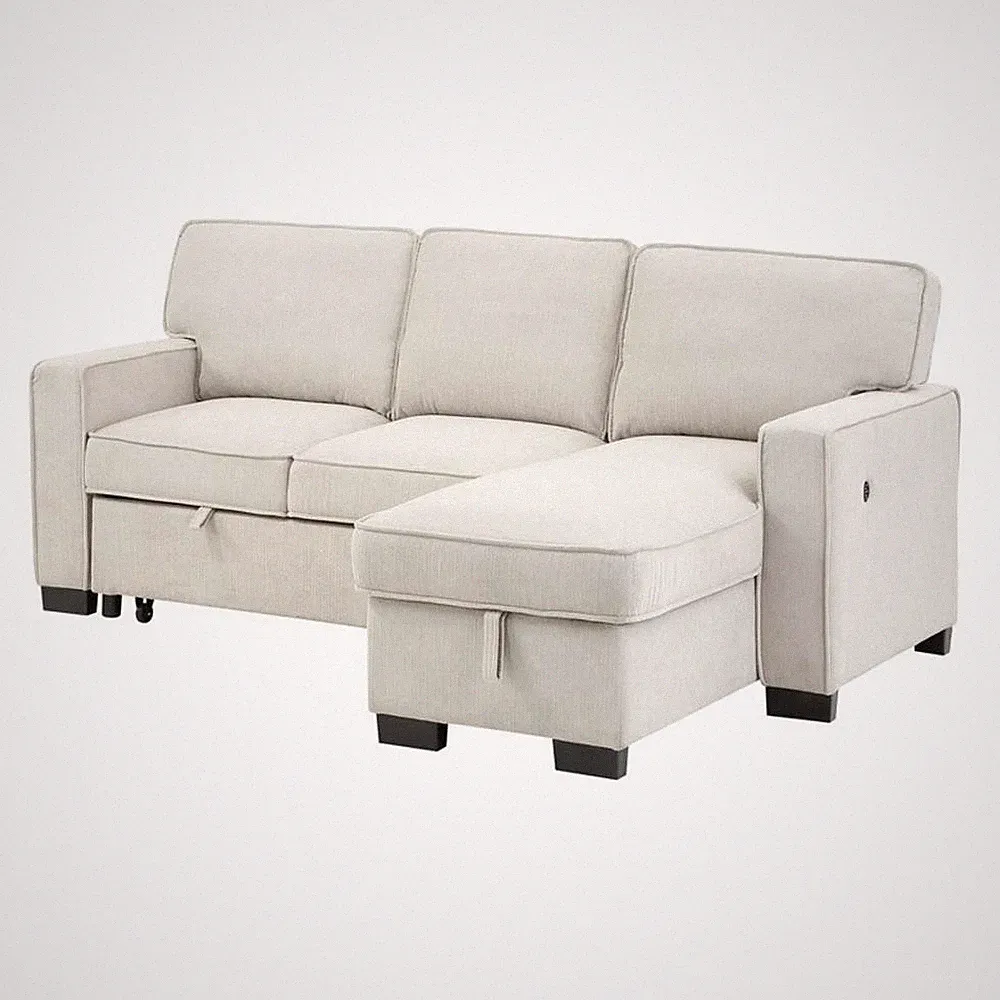 Pemberly Row Beige Fabric Reversible Sleeper Sectional with Storage & USB Ports