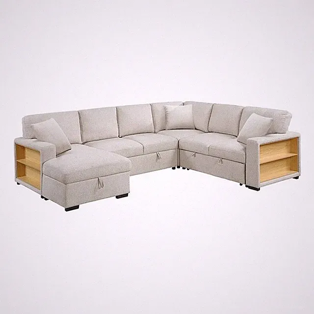 Pemberly Row Boucle Sectional with Left Chaise Pull-Out Bed & USB Ports in Beige