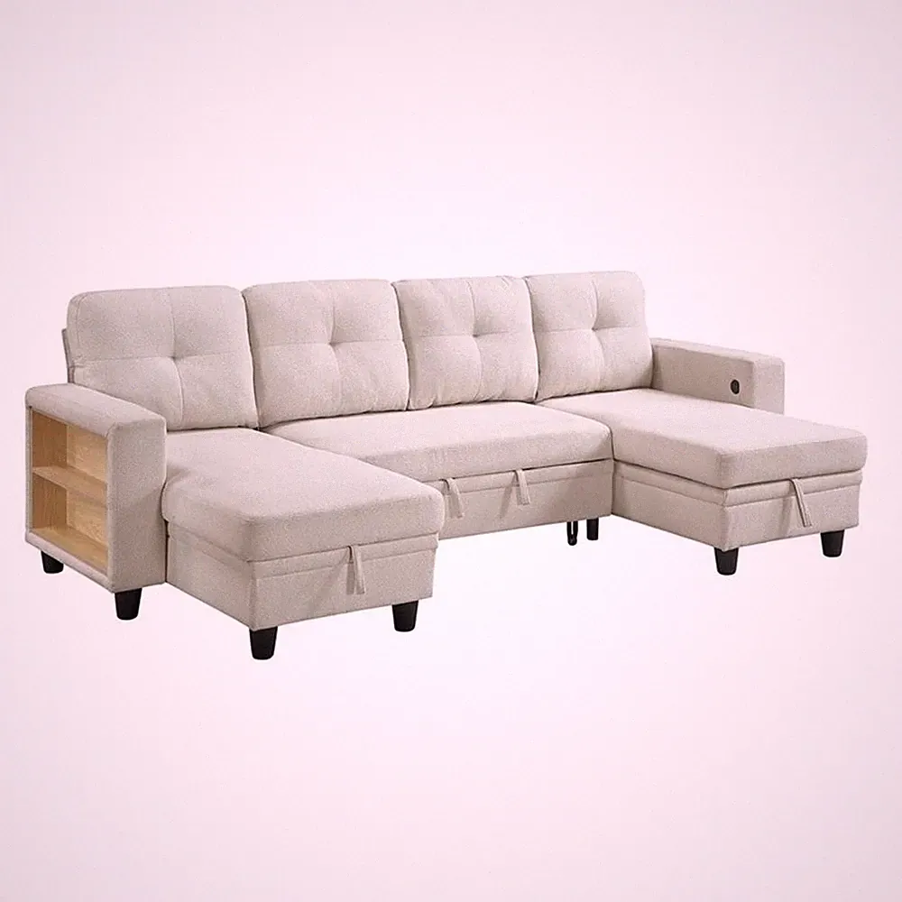 Pemberly Row Boucle U-Shaped Sectional with 2 Chaises and Pull-Out Bed in Beige