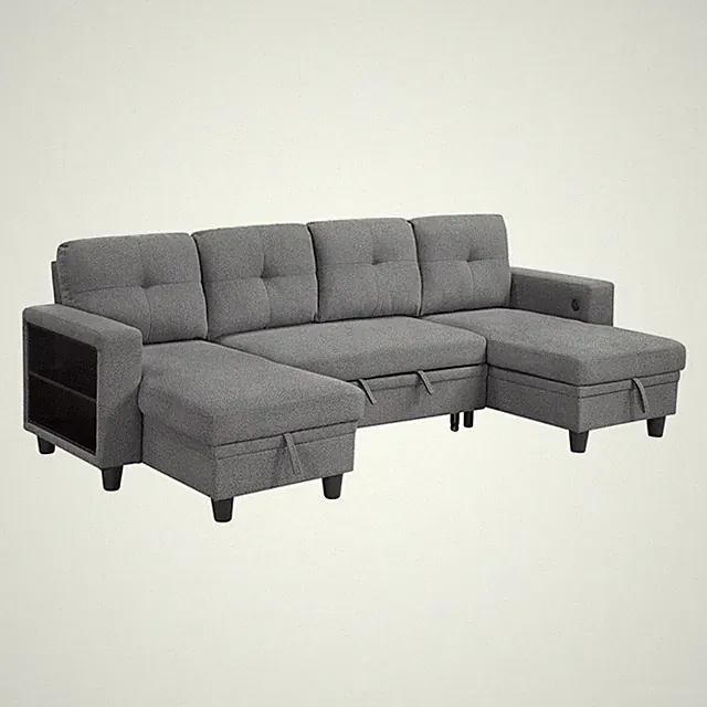 Pemberly Row Boucle U-Shaped Sectional with 2 Chaises and Pull-Out Bed in Gray