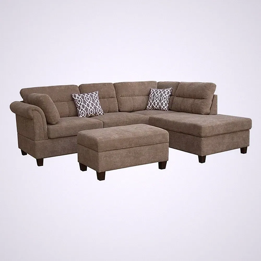 Pemberly Row Brown Fabric Sectional Right-Faced Chaise-Ottoman & 2 Throw Pillows
