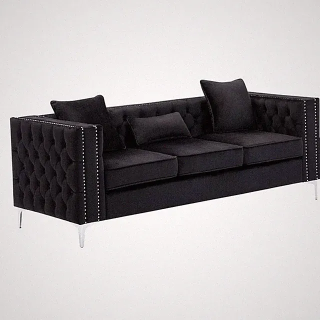 Pemberly Row Button Tufted Black Velvet Glam Sofa with Chrome Legs and Pillows