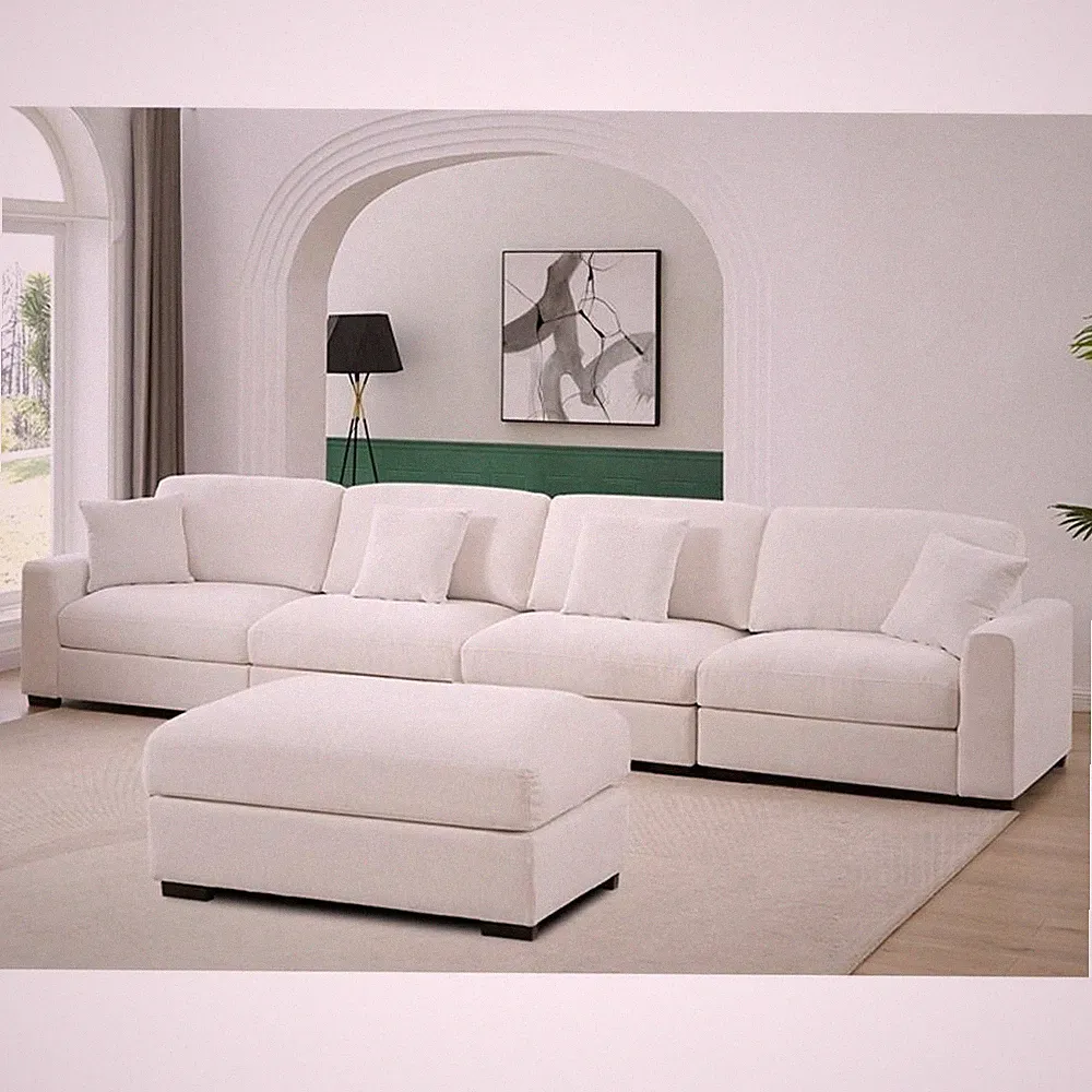 Pemberly Row Chenille Deep Modular Sectional Sofa with Chaise in White